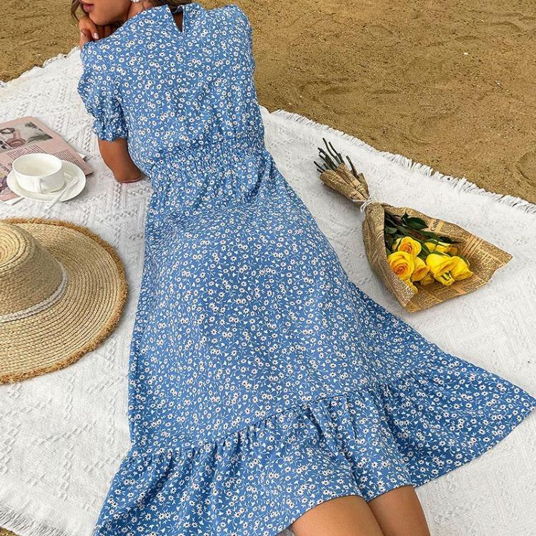 Summer Floral Print V Neck Long Dress for Women High Waist Ruffled Short Sleeve Maxi Dress Lightweight Breathable Work Vacation Dress