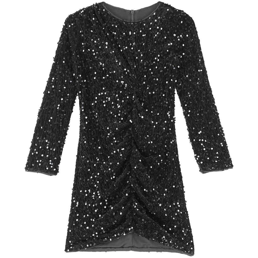 Girls Glitter Sequin Party Dress Long Sleeve Velvet Ruched Front Bodycon Gown for Birthday Prom
