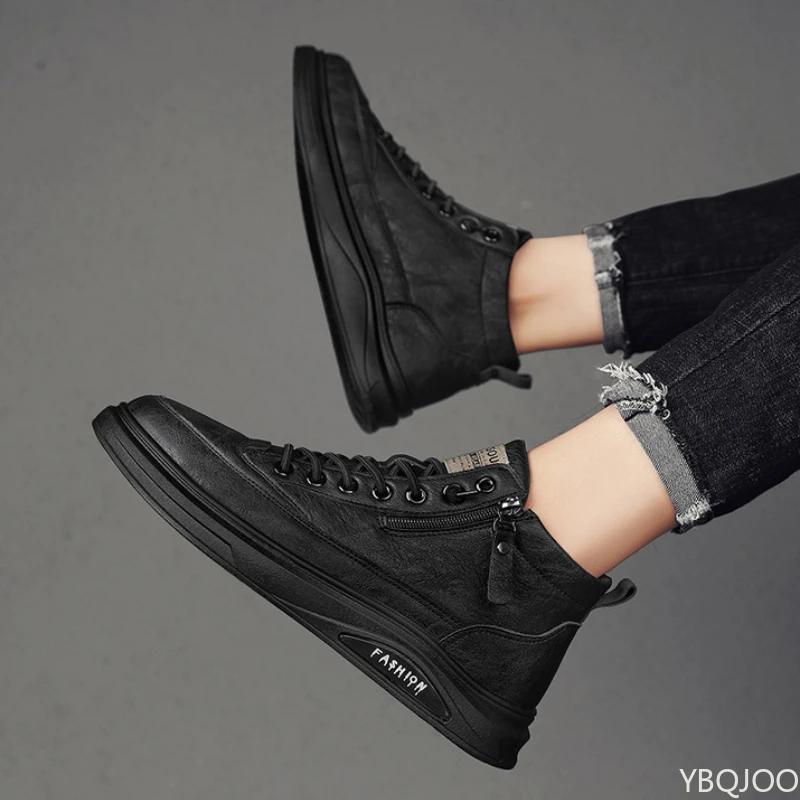 New high top Men's Shoes Casual comfort leather shoes Lace up Fashion board shoe Trendy waterproof Male Boots Zapatos Homme
