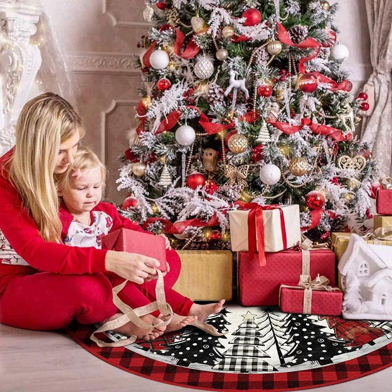 WTEMPO Christmas Tree Skirt Red/Black Christmas Tree/Plaid Patterns Printed Xmas Tree Skirt Winter Christmas Tree Mat for Home Indoor Outdoor Party