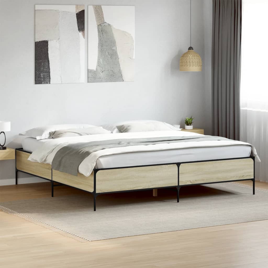 Bed Frame in Sonoma Oak Finish 200 x 200 cm Made of Engineered Wood and Metal