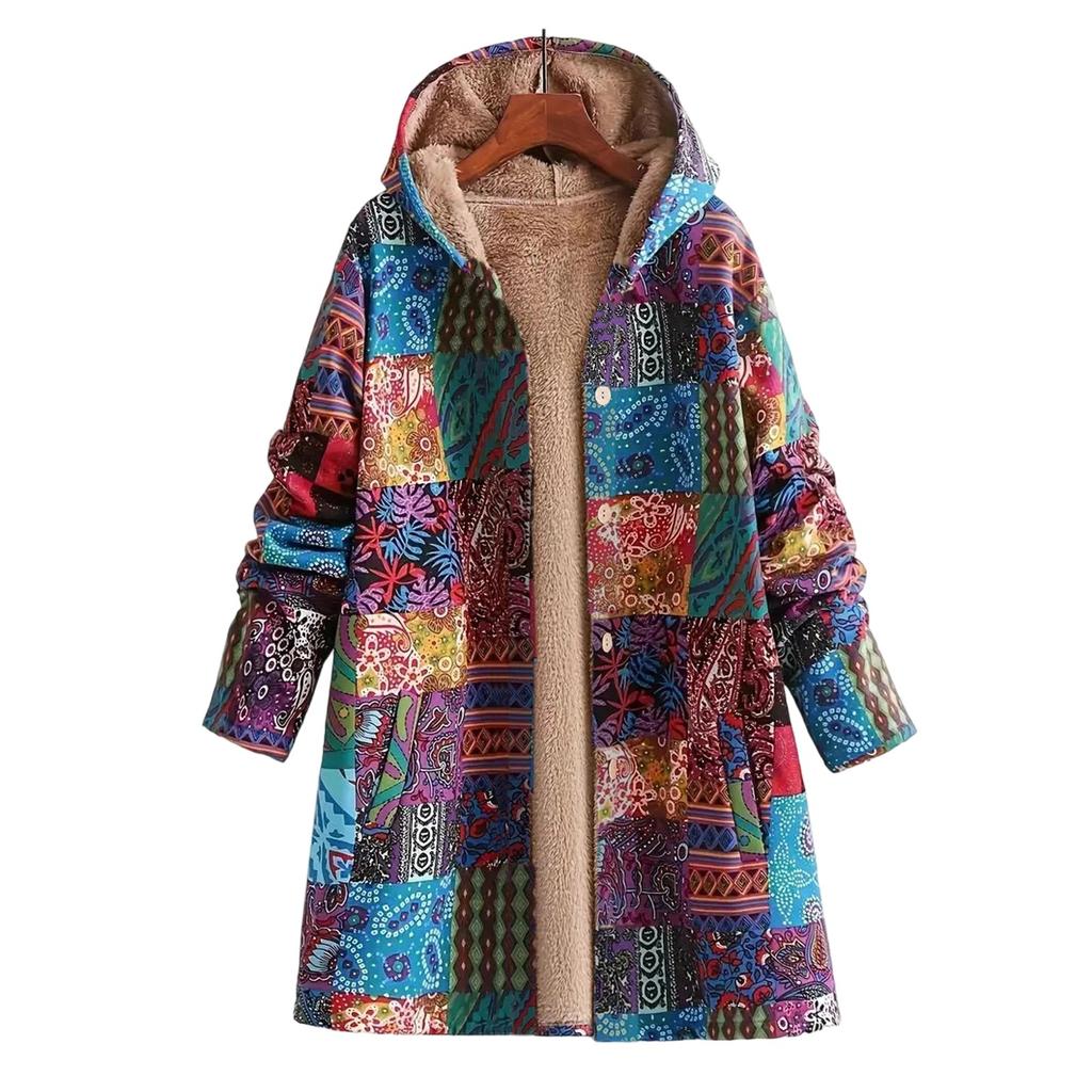 Womens Winter Button Patchwork Fleece Hooded Jacket Coat Long Sleeve Warm Liner Pocket Coat