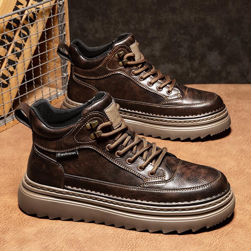 High-top New Autumn and Winter Leather Sports Casual Board Shoes, Youth Thick-soled Wear-resistant Black Shoes