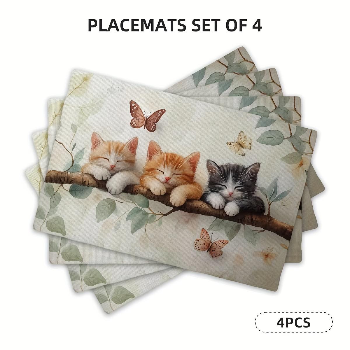 4/6 шт. Подставки под тарелки для обеденного стола, Подставки под стол с акварельной веткой и спящим котом, Нескользящий/Легко моющийся набор подставок для обеденного стола для вечеринки, кухни, столовой 12*18in/1pcs