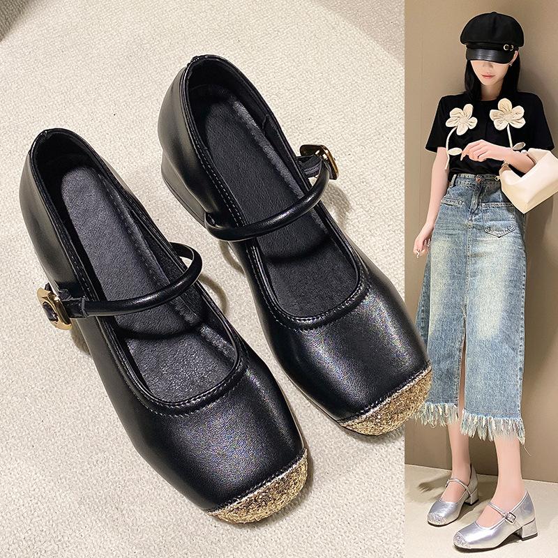 Fashion Mary Janes Women's Spring 2025 New Korean Style Slip-On Square Head Thick Heel Medium Heel Buckle Trendy Match Single Shoes