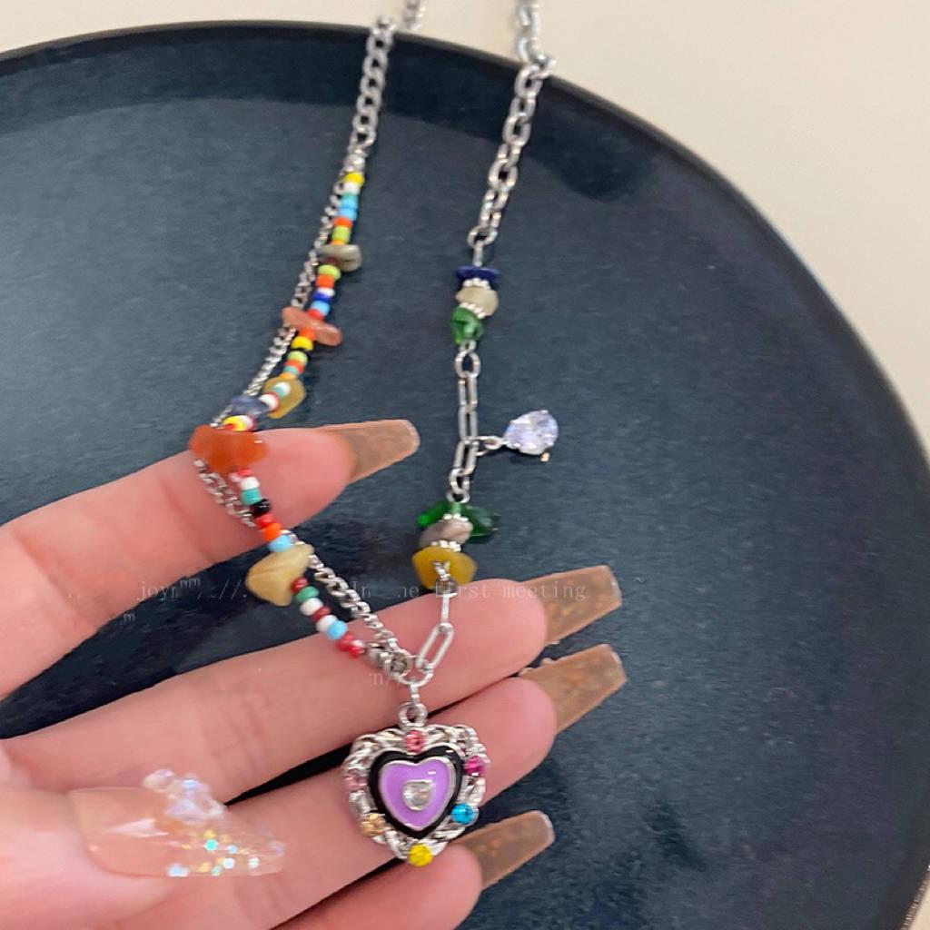 Seven-Color Heart Stone Epoxy Necklace for Women - Summer 2023 Trendy Clavicle Chain