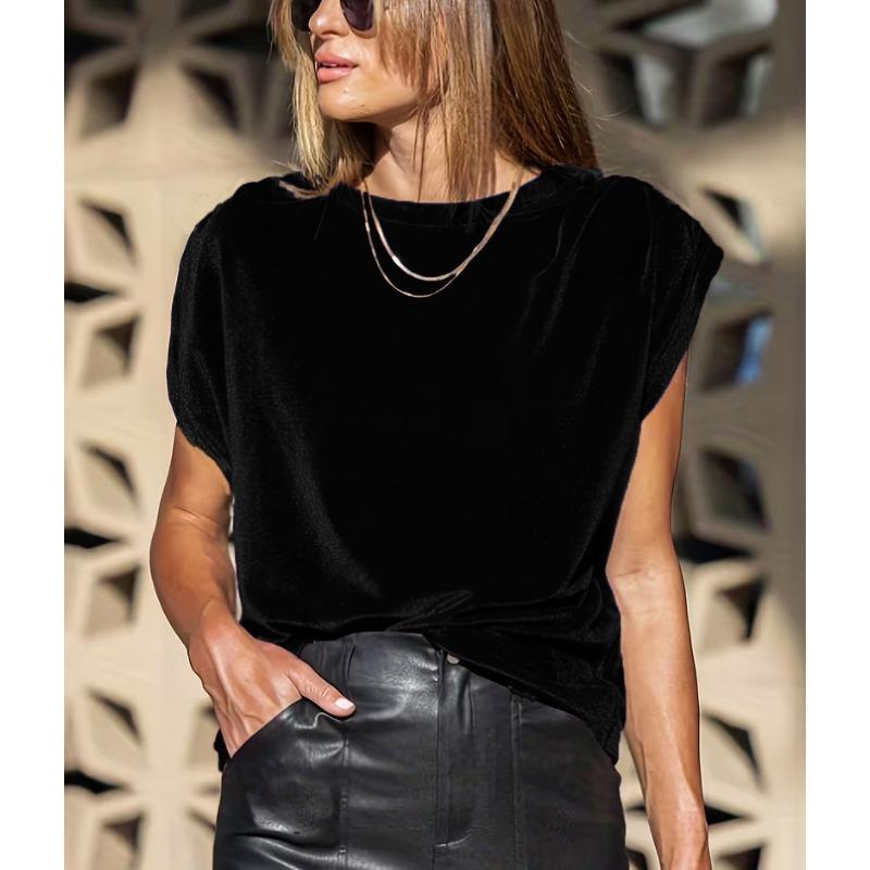 

VEZFAA женские модные повседневные летние весенние однотонные блузки и рубашки с короткими рукавами и круглым вырезом с принтом S чёрный