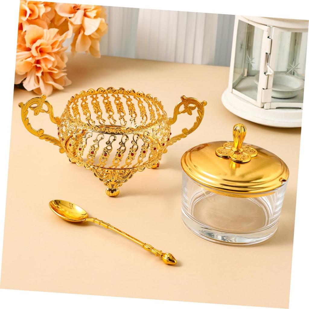 Sugar Bowl with Lid and Spoon Gold Glass Seasoning Spice Jar Candy Jar Set for Kitchen Coffee Bar Wedding Party