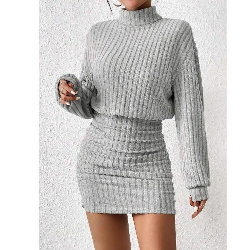 

Cross-Border Fall and Winter New Arrival Fashion Wind Fashion High Collar Light Gray Sunken Stripe Sheath Casual Long Sleeves Dress One-Step Skirt Light gray XL