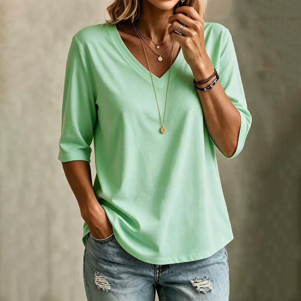 Women's V-Neck T-Shirt Short Sleeve Casual Fit Versatile