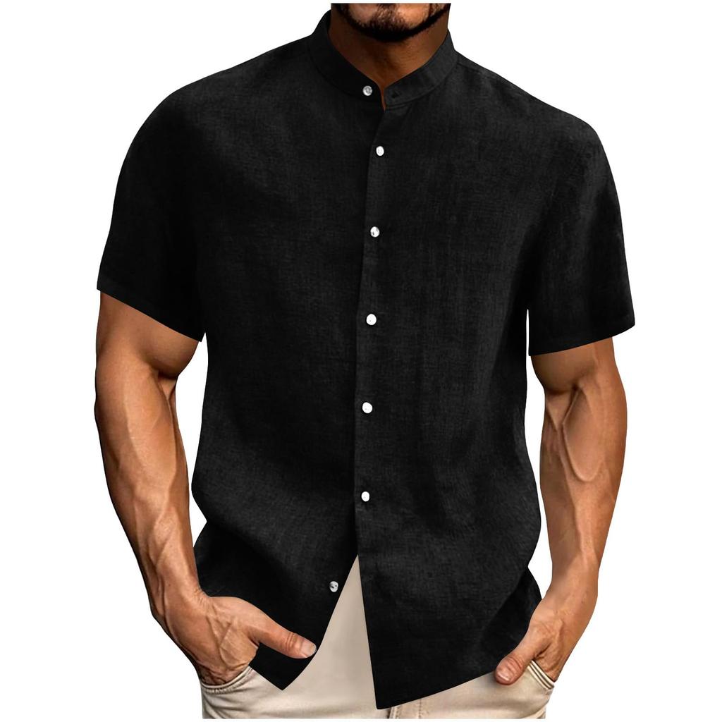 Top Casual Uomo alla Moda Colore Girocollo Manica Corta Bottoni Ampio Cotone e Lino