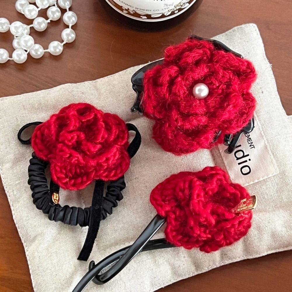 Knitted Wool Flower Hair Rope Wool Rubber Hair Tie Gift Rose Flower Hair Claw  Streetwear