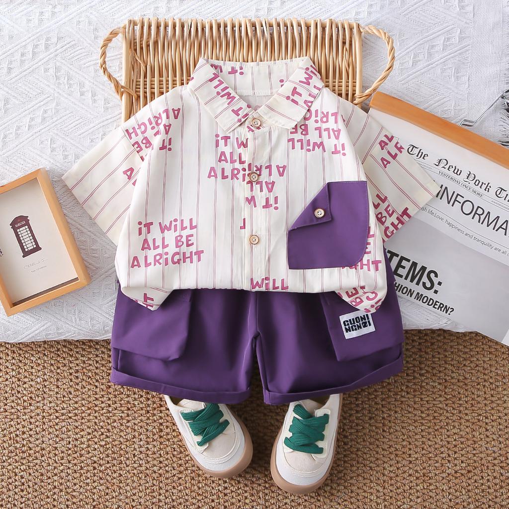 Casual Boys Short Sleeve Clothing Sets Fashion Solid Color Children Shirt With Matching Bottoms For Kids Outdoor Activities