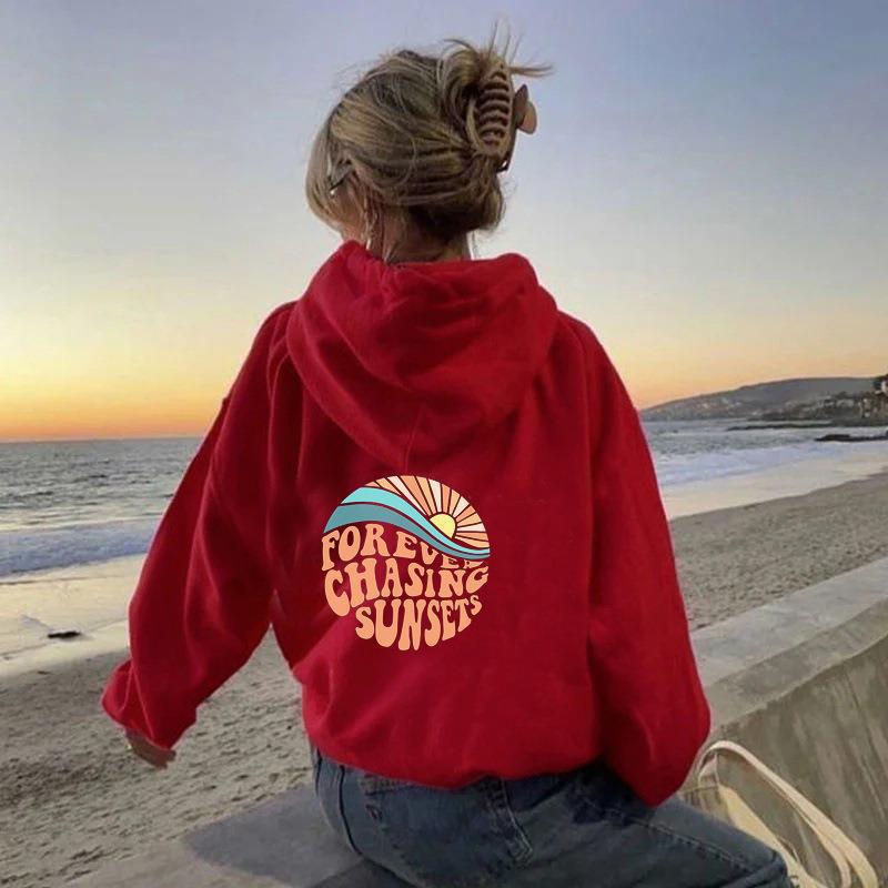 Forever Chasing the Sunset Print Kangaroo Pocket Drawstring Hooded Women's Fleece Sweater