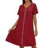 Women Short Sleeve Round Neck Zip Front Loose Fit Nightdress with Pockets Casual Home Lounge Dress Comfortable Design