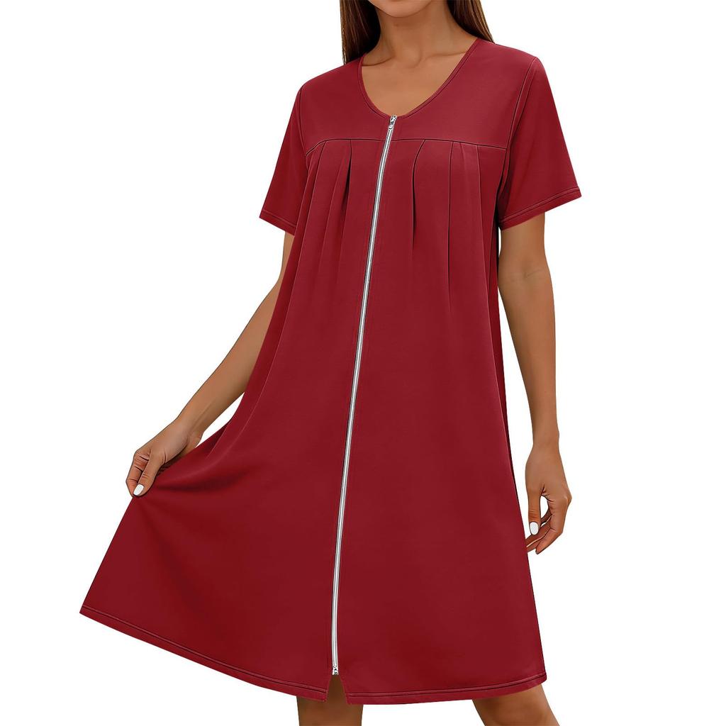 Women Short Sleeve Round Neck Zip Front Loose Fit Nightdress with Pockets Casual Home Lounge Dress Comfortable Design