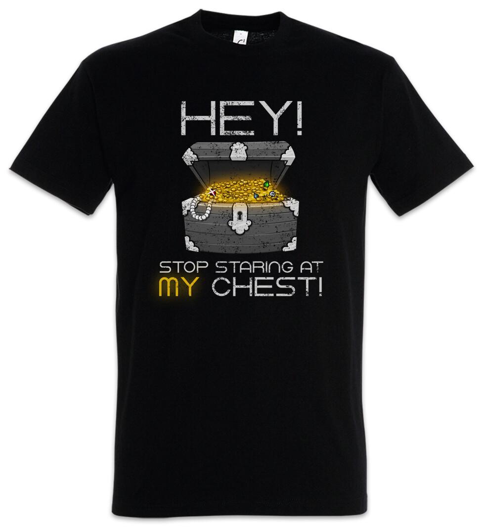 

Hey Stop Staring At My Chest Mens T-Shirt Mens Womens Tees Top Gamer Games Gaming Video PC RPG M