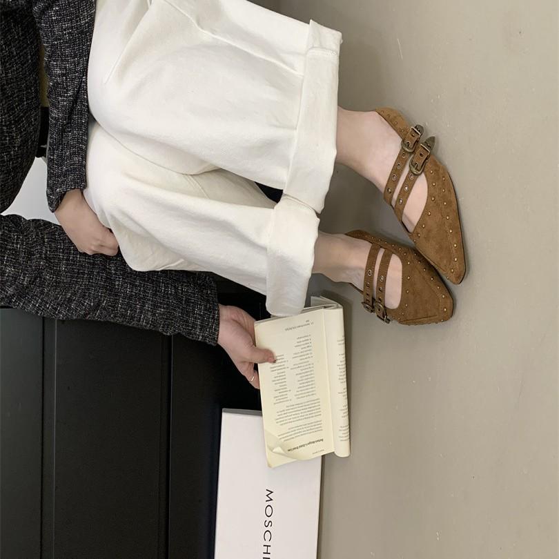 Flat heel suede low-top shoes Flat bottom shallow mouth rubber single shoes One-word buckle with pointed tip