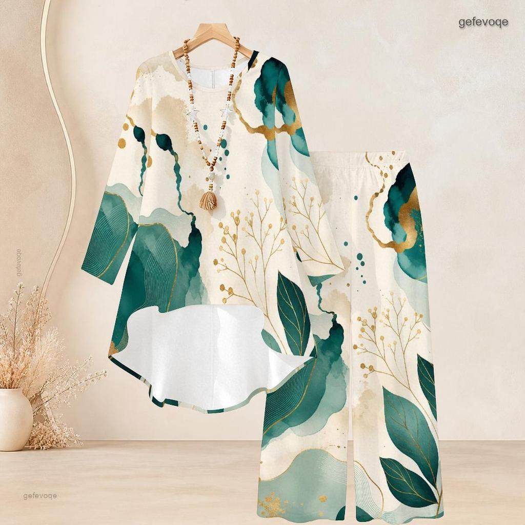 Women Plus Size Round Neck Long Sleeve Blue Gold Marble Printed High Low Top And Wide Leg Pants Two Piece Set