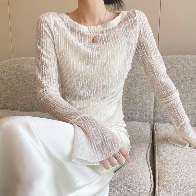 Asymmetrical Thin Hollow-out Lace Sun Protection Cover-up Women's Summer Slim Fit Figure-flattering Crew Neck Bell Sleeve T-shirt Top