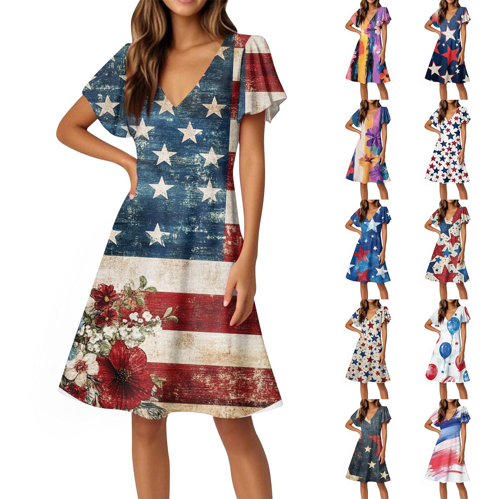 

Independence Day Dresses Flared Sleeve Short Sleeve Casual V-Neck Dresses XL