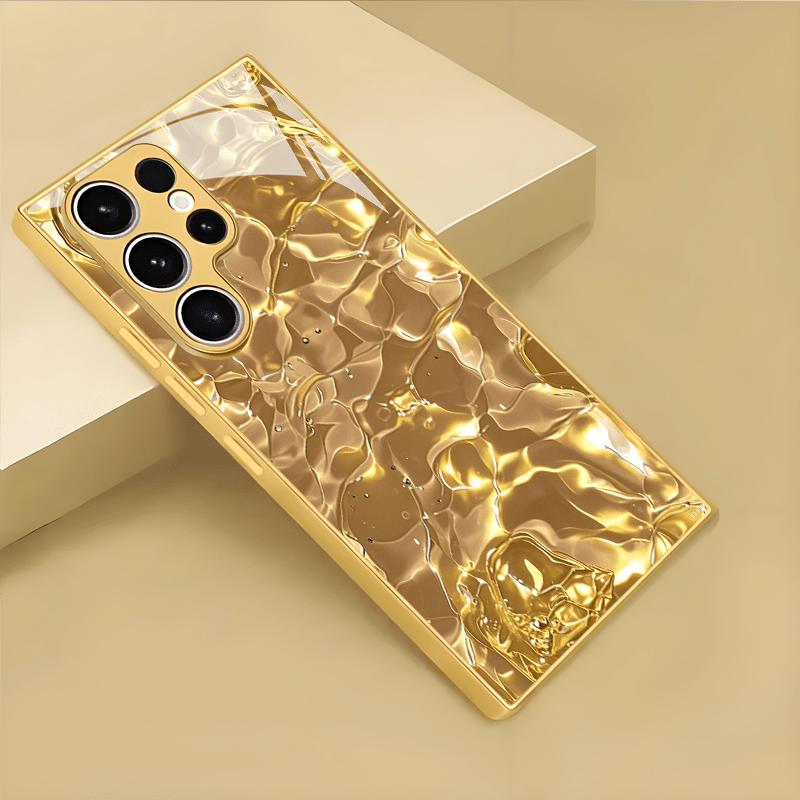 Electroplated Gold Phone Case for Samsung Galaxy S26 S25 S24 S23 S22 Ultra Plus, Made of Tempered Glass with Gold Pattern.