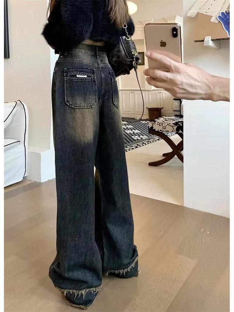 Women's High-Waist American Retro Distressed Wide-Leg Jeans for Spring