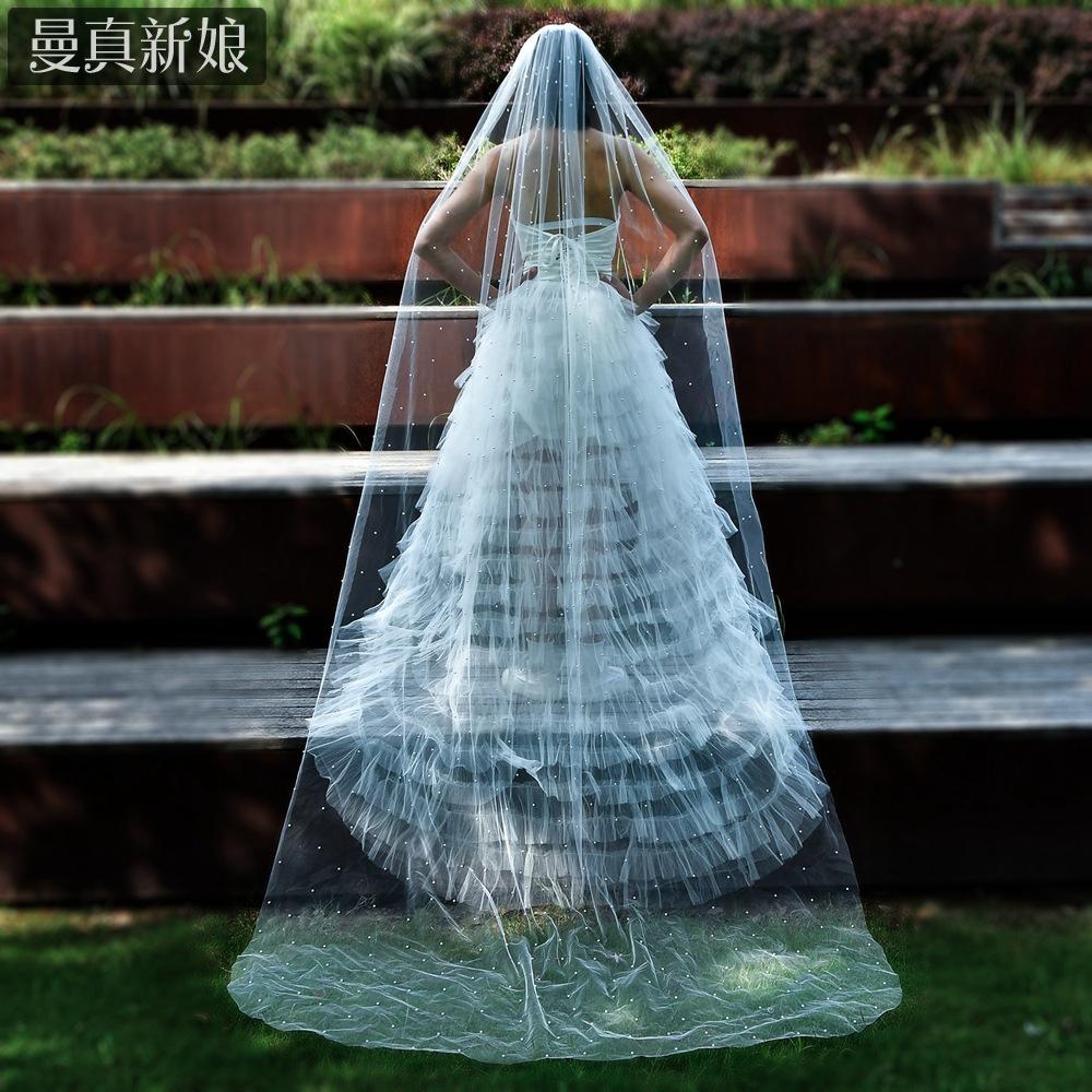All Over Scattered Pearl Sheer Tulle Bridal Veil, Single Layer Plain Ivory Wedding Veil For Lace Satin Gown Pre-Wedding Elopement Portrait Shoot