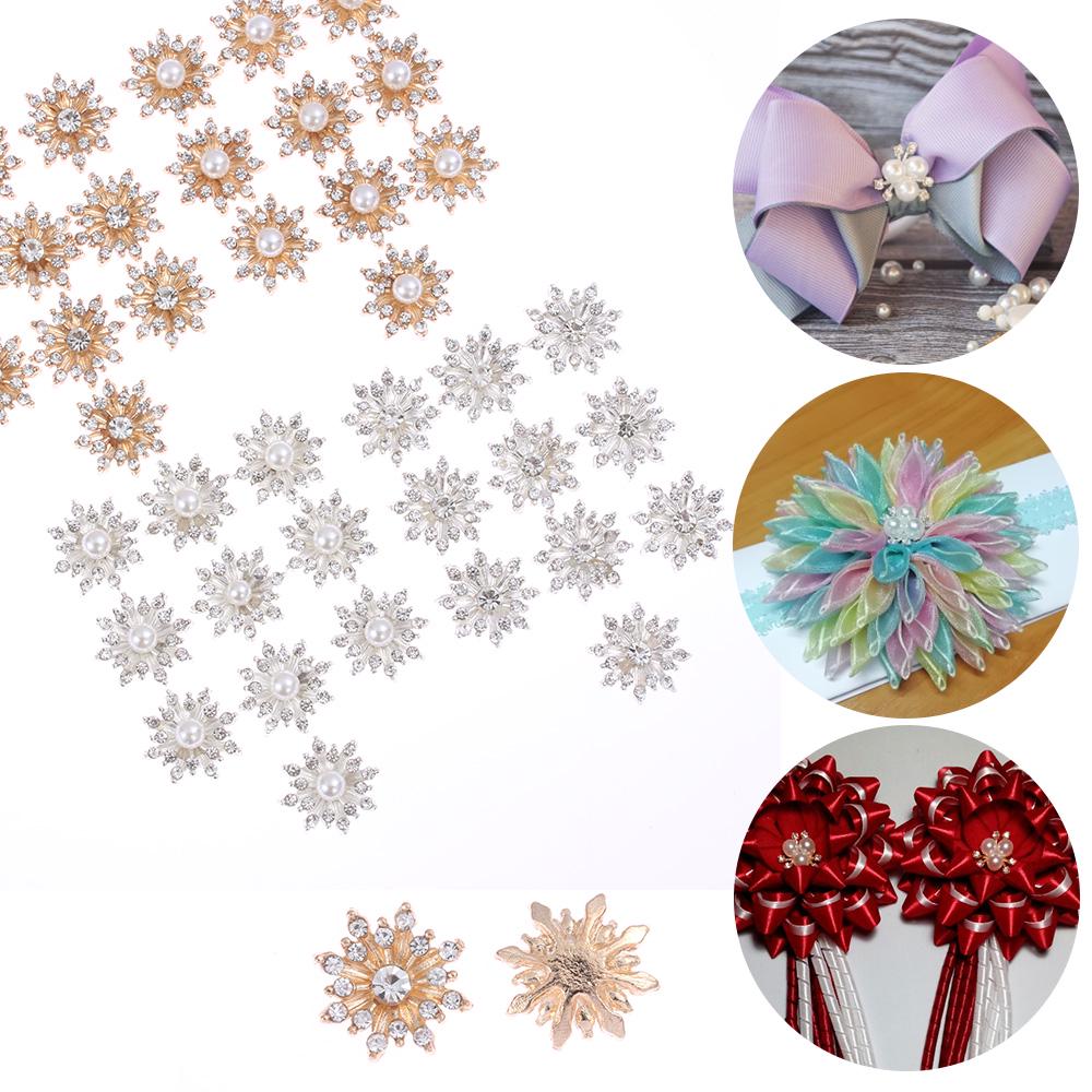 10PCS 16mm Rhinestone Pearl Snowflake Cabochon Metal Buttons for Clothing Decor Flatback Plating Buckle DIY Craft Apparel Sewing