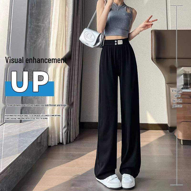 150cm Women's Summer High Waist Ice Silk Wide-Leg Pants - Slim Fit, Straight Leg, Petite 145