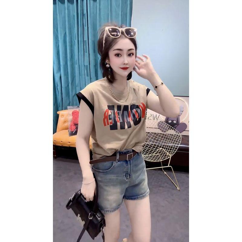

Print 2023 New Loose Top T-shirt with Short Sleeves Khaki XL