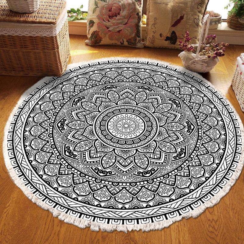 Nordic Cotton and Linen Home Leisure Non-slip Fringed Printed Round Carpet Living Room Floor Mat Bedroom Bedside Blanket