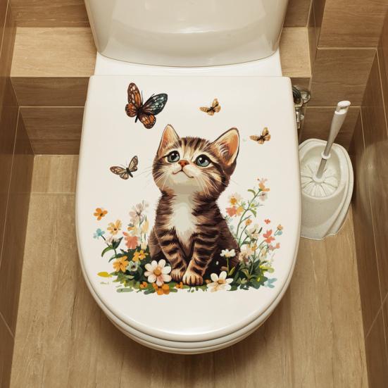 Toilet Sticker Waterproof PVC Cartoon Flower Cat Decorative Removable Lid Sticker Bright Color Toilet Art Decal