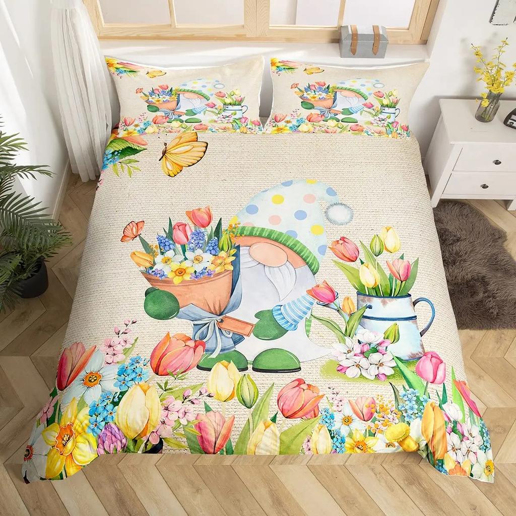 Rosa Vårblomma Kung Drottning Påslakan Tomtar Sängklädesset Akvarell Fjäril Blommig Täcke Polyester Quiltöverkast