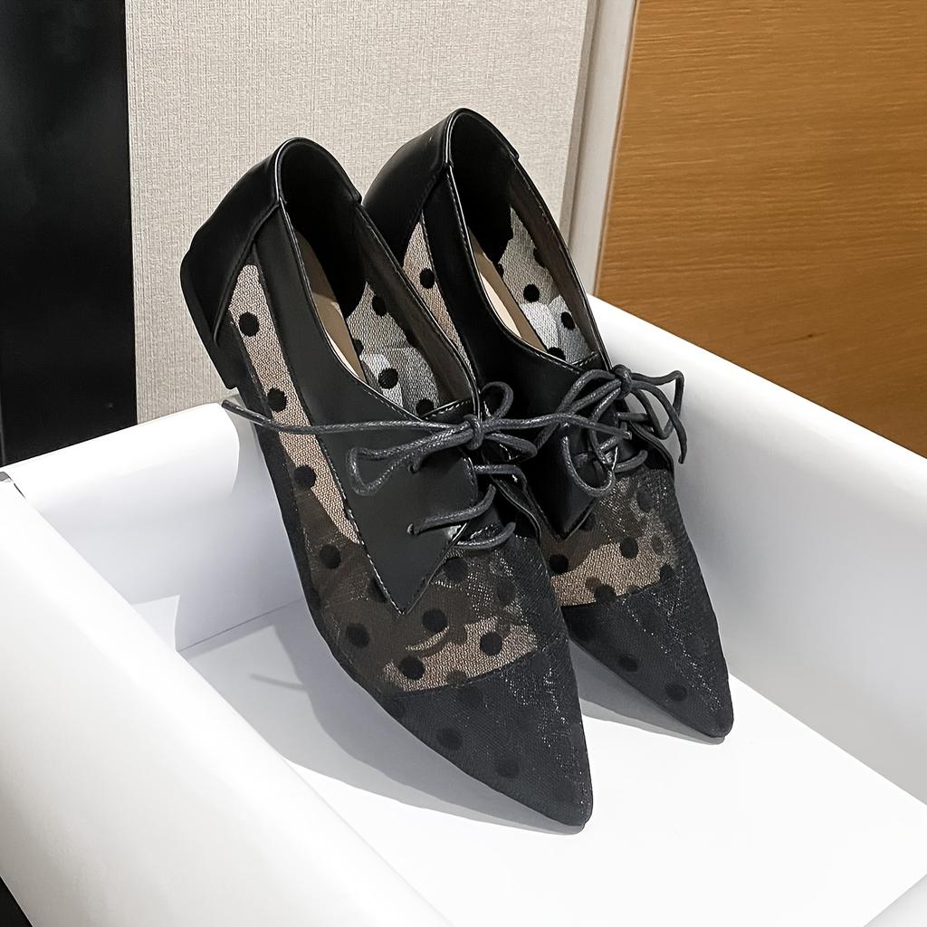 Pointed-toe Mesh Lace-up Flats Flat Women's Shoes Polka Dot Breathable Sandals Large Sizes 35-43