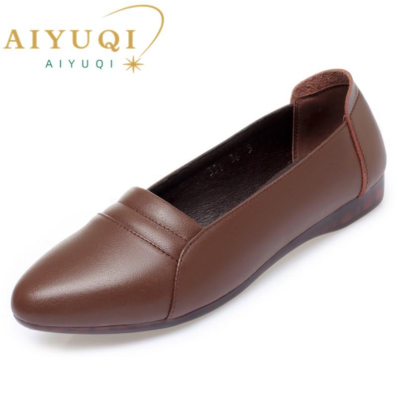 Fashion AIYUQI Genuine Leather Mom Shoes Non-slip 2025 New Flat Women Spring Shoes Shallow Soft Sole Large Size 41 42 43 Women's Shoes