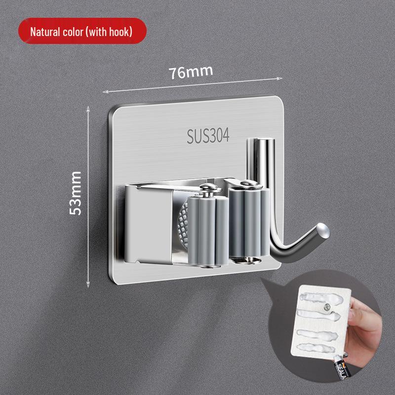 Stainless Steel No-Drill Mop & Broom Holder with Hooks - Wall-Mounted, Strong Adhesive Storage Clip