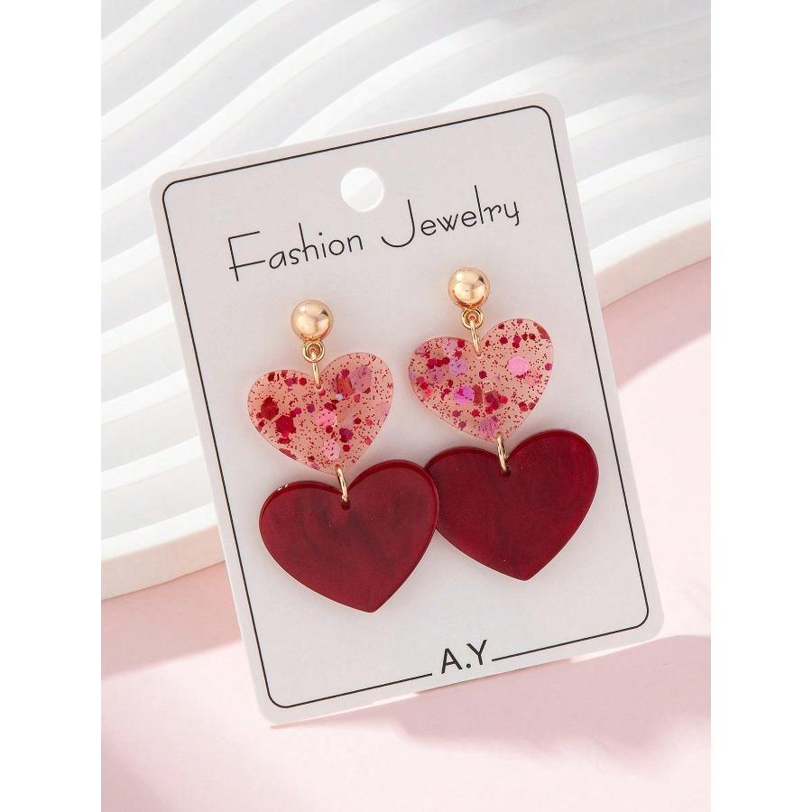 1 Pair Acrylic Romantic Valentine's Day Colorful Sequin Red Heart Design Earrings Perfect Gift For Ladies