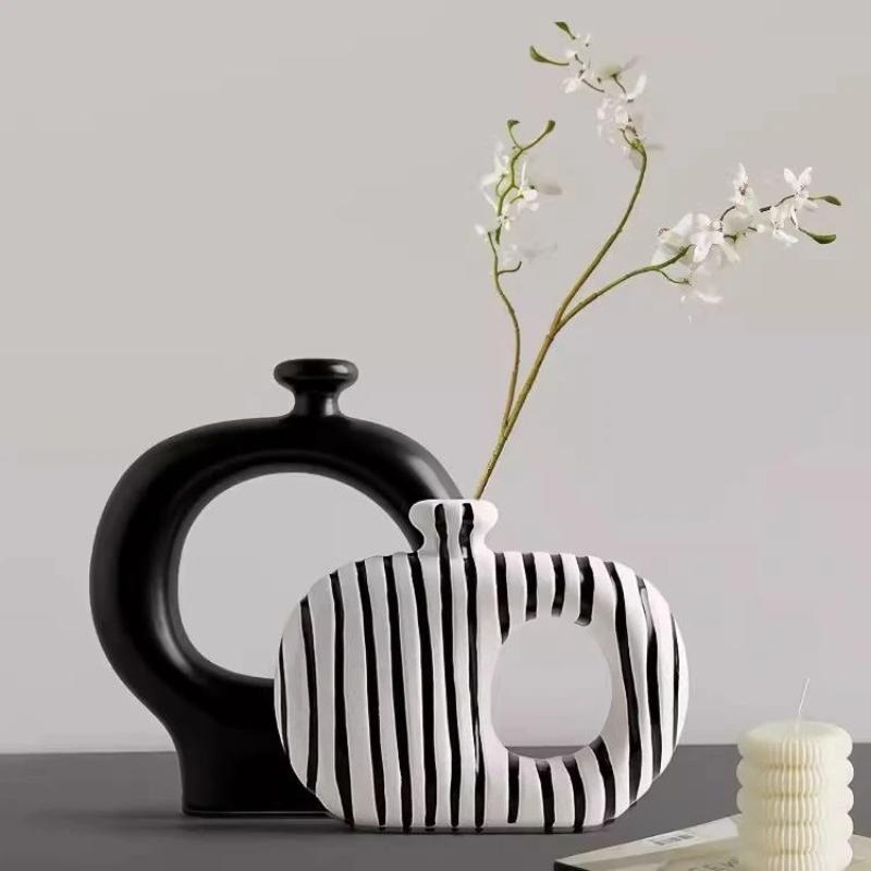 2 Stück/Set Kreative Moderne Schwarz-Weiß Gestreifte Keramikvase, Unregelmäßige Dekorations-Blumenvase für Heimdeko
