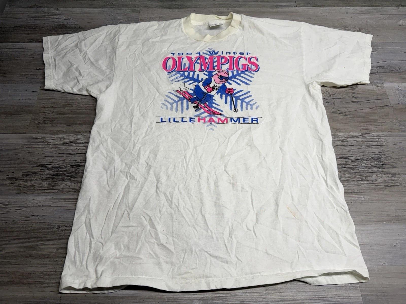 

Vintage 1994 Lillehammer Winter Olympics T-Shirt Sz XL Norway White Ski Pig RARE 2XL