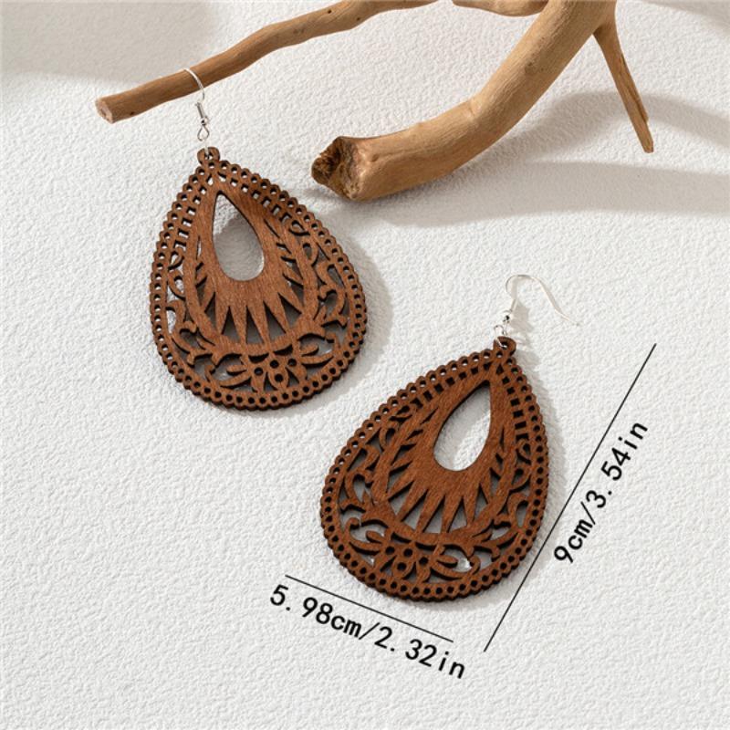 Wooden water drop-shaped hollow design earrings antique earrings versatile elegant geometric handmade literary retro