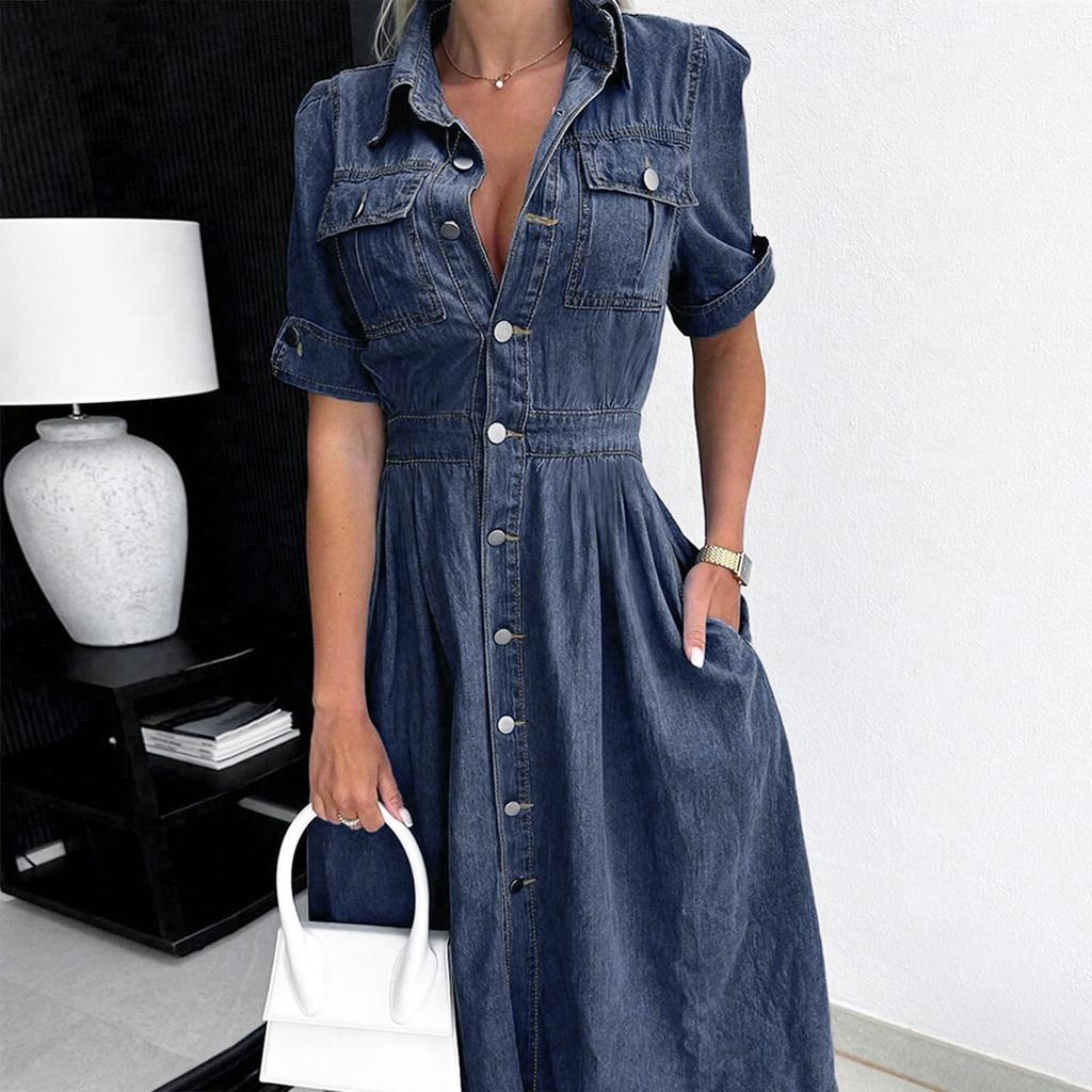 Robe décontractée en jean à manches courtes et boutonnage simple pour femme