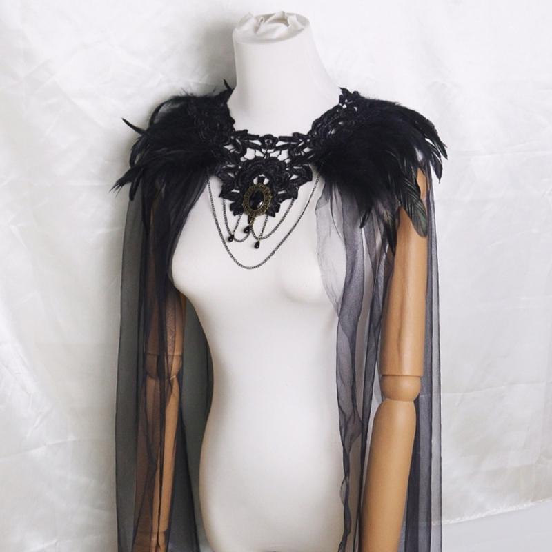 Gothic Feather Shrug Cape Shawl Shoulder Wrap Lace Collar Halloween Cosplay Costumes for Adults Women Scarf Top Gifts