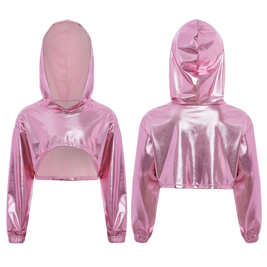 Παιδικό Φούτερ με Κουκούλα Χορευτικό Στυλ Δρόμου για Κορίτσια: Γυαλιστερό Μεταλλικό Κοντό Τοπ με Ασύμμετρο Τελείωμα & Μακριά Μανίκια για Αγώνα