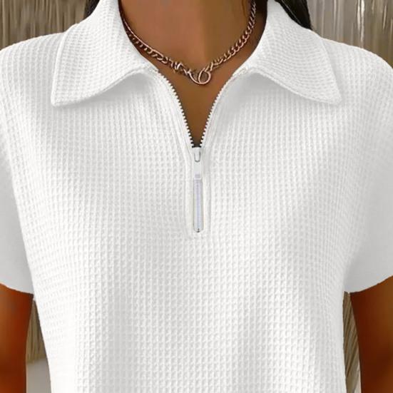 Women Tops Lapel Short Sleeve Zipper Half Placket Shirt Tops Pure Color Waffle Texture Loose Fit Casual Shirt Home Dates Versatile Wear