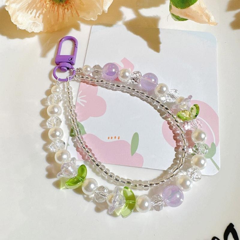 Double Layer Flower Beaded Pendant Phone Charm Hanging Rope Cute Phone Chain Strap Bag Decoration Keychain Accessories