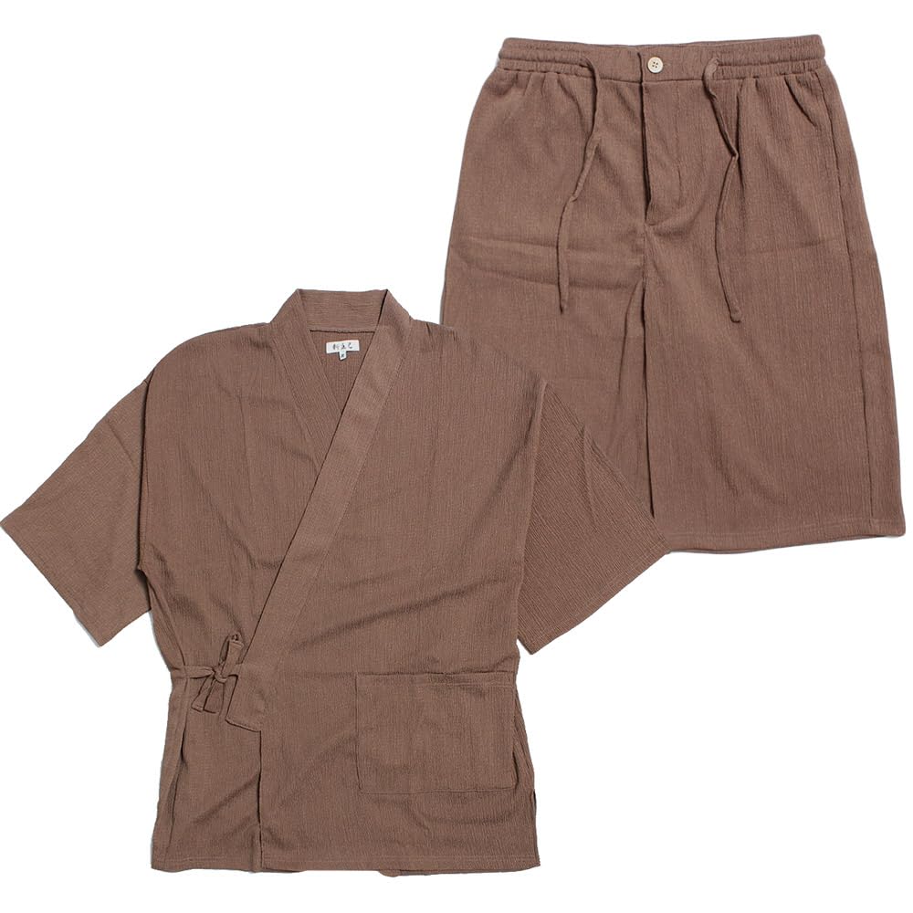 One Colors Men's Jinbei Pajama Set, Japanese Pattern, Top and Bottoms, Solid Shijira Weave, Cool and Comfortable, Size L, Mocha