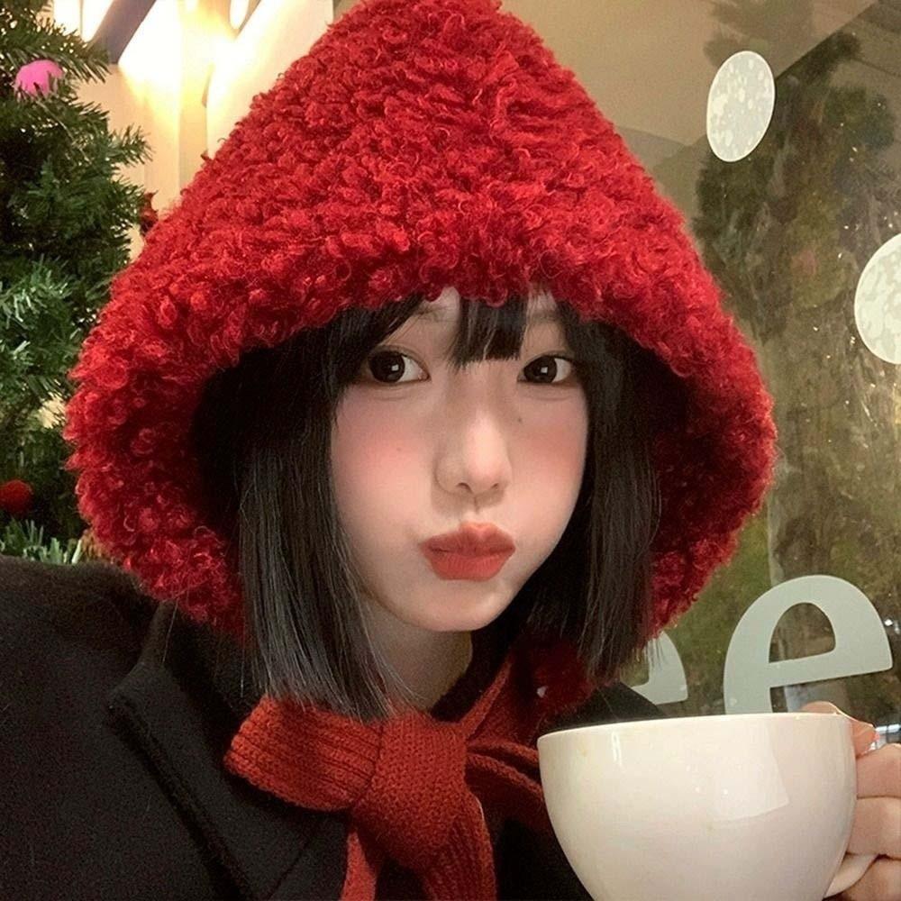 Fluffy Lambswool Cap Beanie Winter Plush Hat Personality New Year Red Hat  Autumn