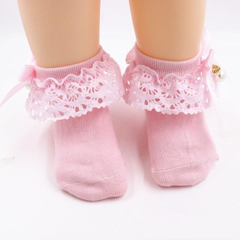 Baby Girl Princess Lace Ruffle Socks Retro Frilly Pearl Bow Socks Sweet Kids Cotton Short Socks MYY