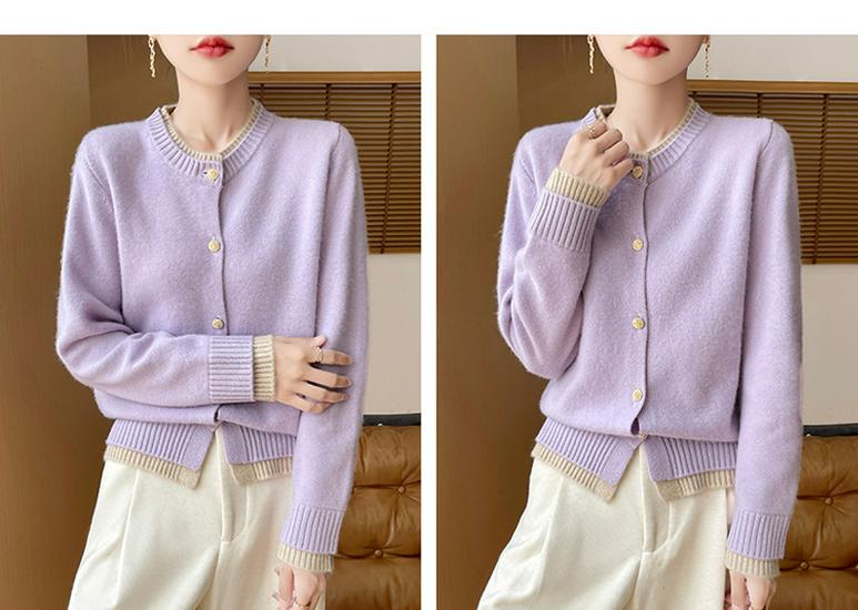 Autumn/Winter Women's Loose Fit 100% Wool Korean Style Color Block Cardigan Sweater